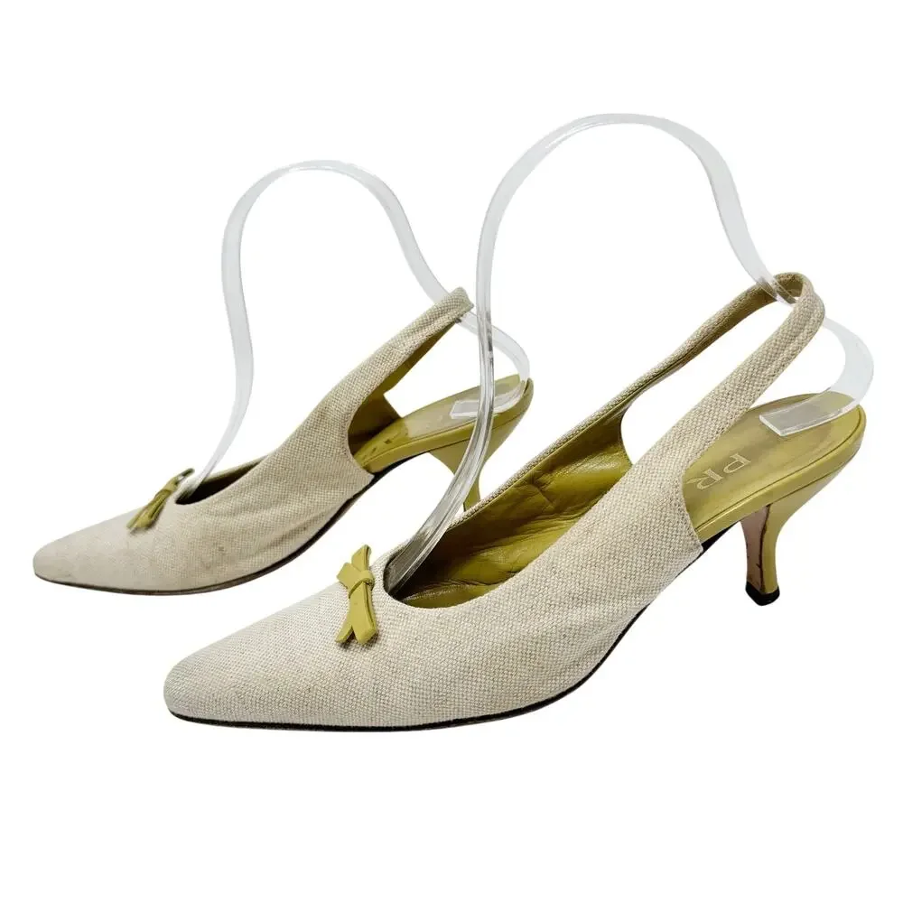 Prada Slingback Heels Canvas Bow Beige Chartreuse Green Pointed Toe 36.5 - Picture 3 of 6